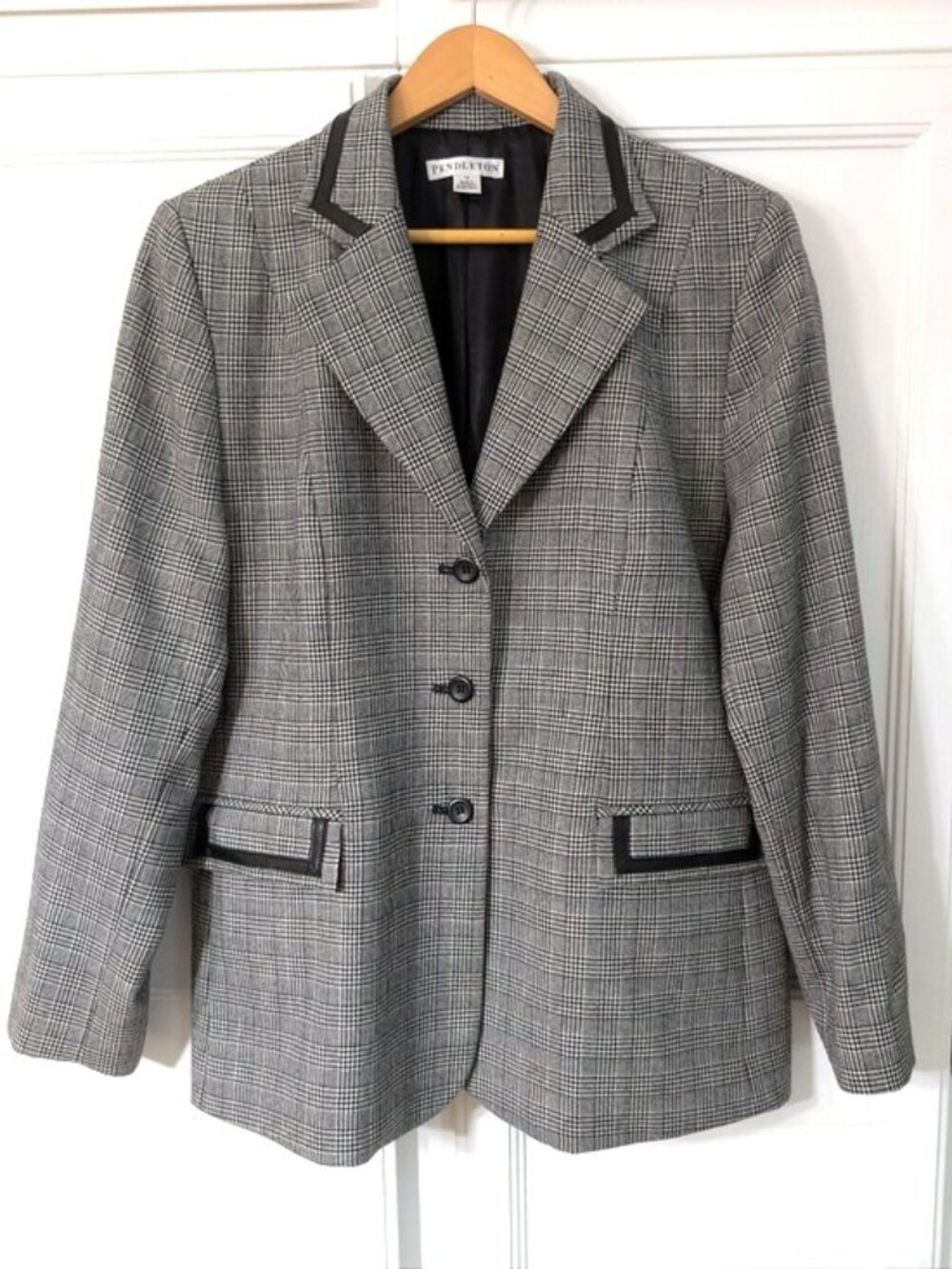 NWOT Pendleton Women's 100% Virgin Wool Glen Plaid Blazer Leather Trim Gray 14